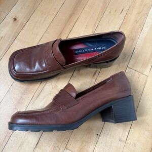 Vintage Tommy Hilfiger Brown Leather Chunky Heel Womens Platform Shoe 7.5 Logo